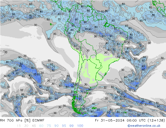 Humedad rel. 700hPa ECMWF vie 31.05.2024 06 UTC