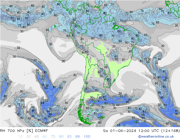 RH 700 гПа ECMWF сб 01.06.2024 12 UTC