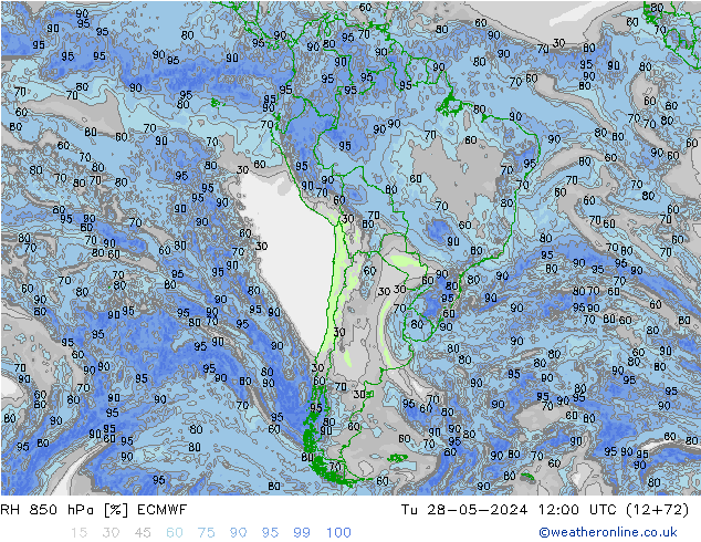 Humedad rel. 850hPa ECMWF mar 28.05.2024 12 UTC