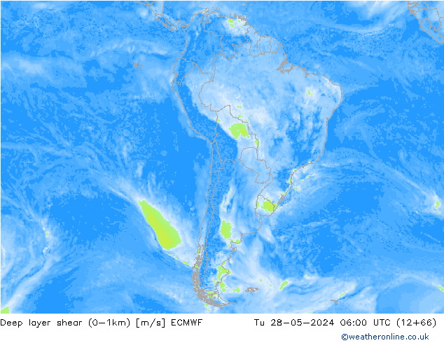 Deep layer shear (0-1km) ECMWF mar 28.05.2024 06 UTC