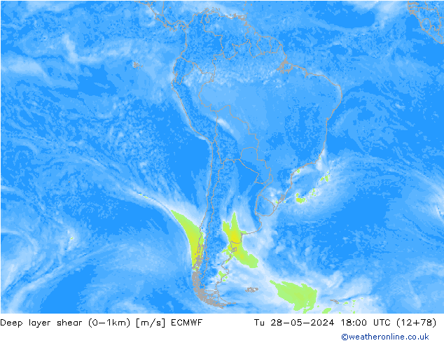 Deep layer shear (0-1km) ECMWF mar 28.05.2024 18 UTC
