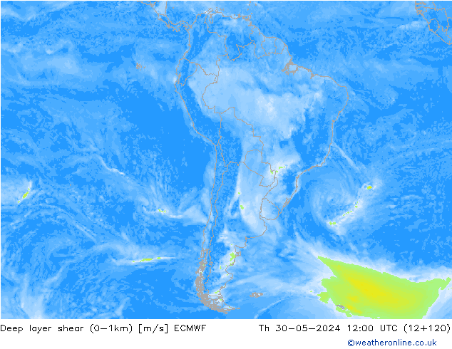 Deep layer shear (0-1km) ECMWF Qui 30.05.2024 12 UTC