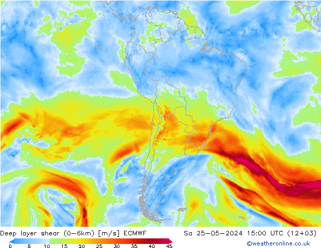 Deep layer shear (0-6km) ECMWF Sa 25.05.2024 15 UTC