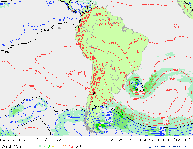 High wind areas ECMWF mié 29.05.2024 12 UTC