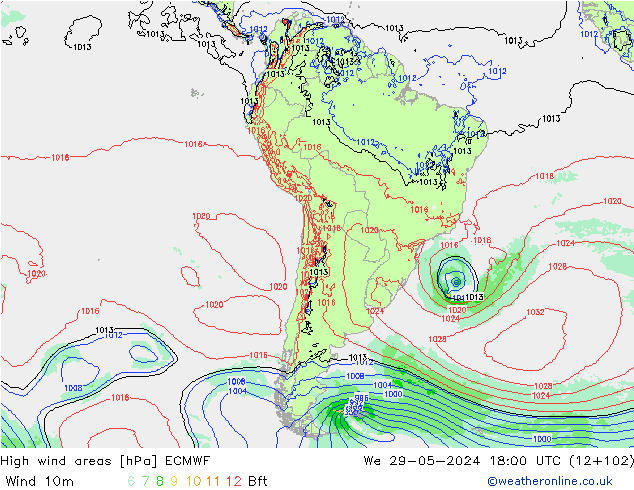 High wind areas ECMWF mer 29.05.2024 18 UTC