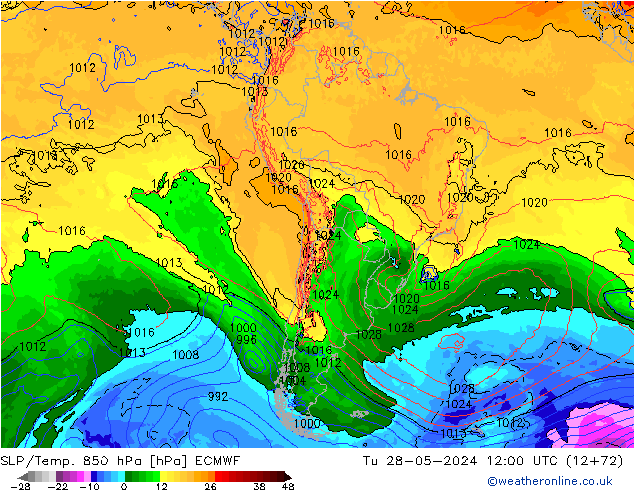 SLP/Temp. 850 гПа ECMWF вт 28.05.2024 12 UTC