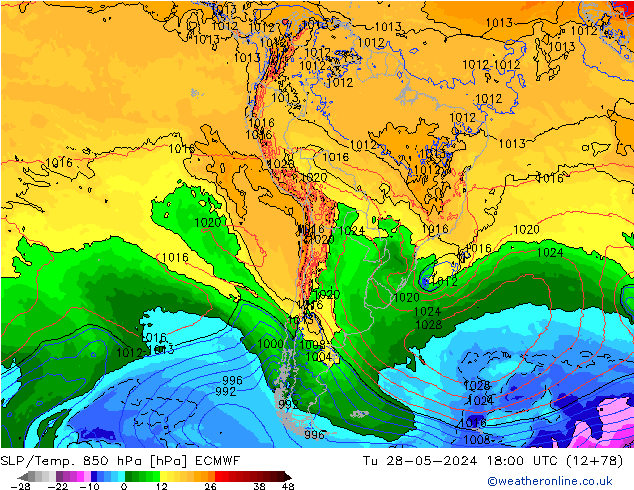 SLP/Temp. 850 hPa ECMWF mar 28.05.2024 18 UTC