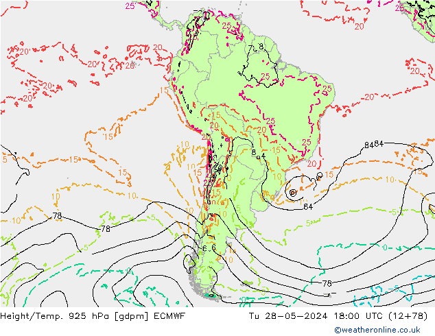 Geop./Temp. 925 hPa ECMWF mar 28.05.2024 18 UTC