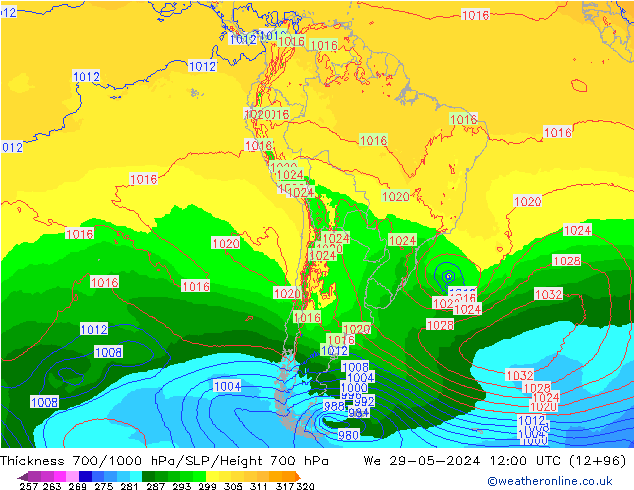 Thck 700-1000 hPa ECMWF mer 29.05.2024 12 UTC