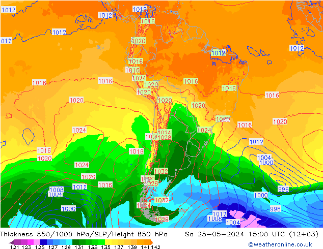 Dikte 850-1000 hPa ECMWF za 25.05.2024 15 UTC