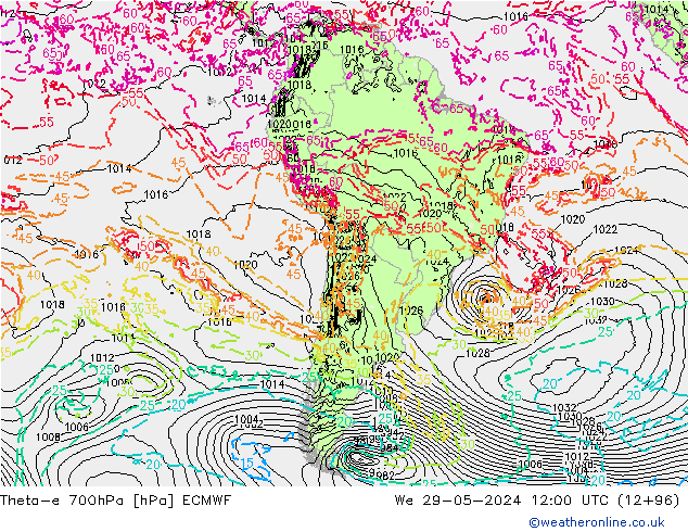 Theta-e 700hPa ECMWF mer 29.05.2024 12 UTC