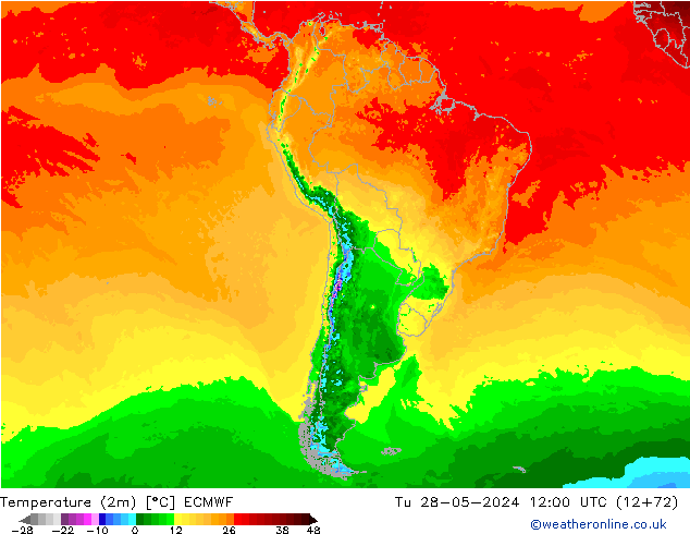 Temperature (2m) ECMWF Út 28.05.2024 12 UTC