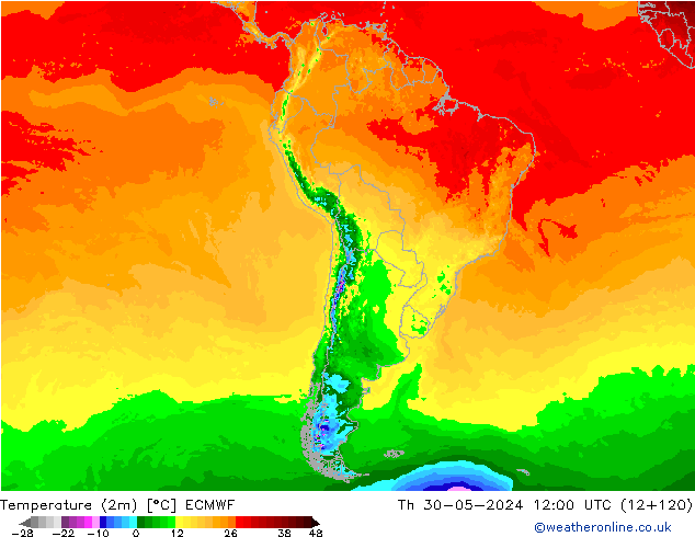 Temperatura (2m) ECMWF jue 30.05.2024 12 UTC