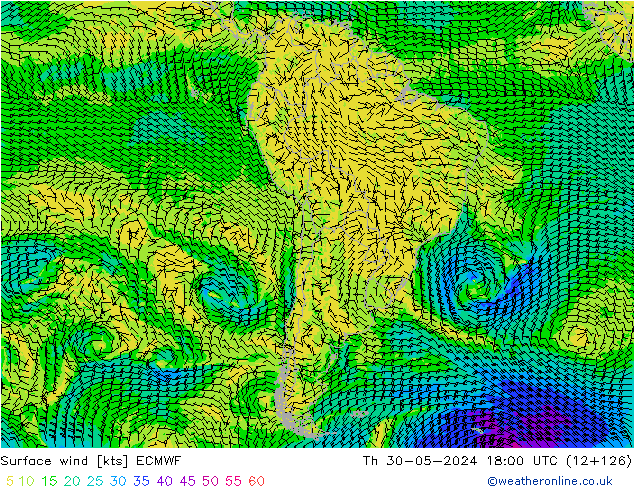 Viento 10 m ECMWF jue 30.05.2024 18 UTC