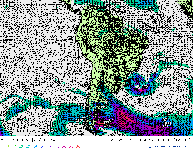 Vento 850 hPa ECMWF Qua 29.05.2024 12 UTC