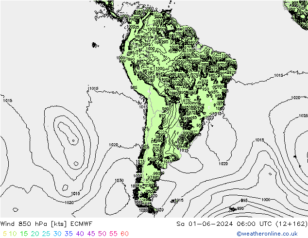 Vento 850 hPa ECMWF sab 01.06.2024 06 UTC