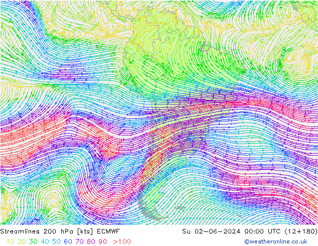 Línea de corriente 200 hPa ECMWF dom 02.06.2024 00 UTC