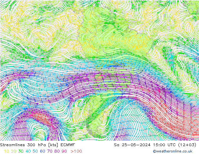 Streamlines 300 hPa ECMWF Sa 25.05.2024 15 UTC