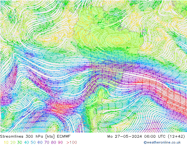 Linea di flusso 300 hPa ECMWF lun 27.05.2024 06 UTC