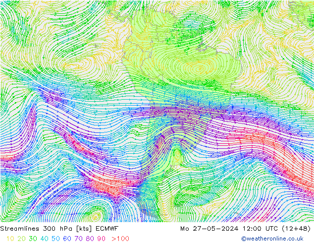 Linia prądu 300 hPa ECMWF pon. 27.05.2024 12 UTC