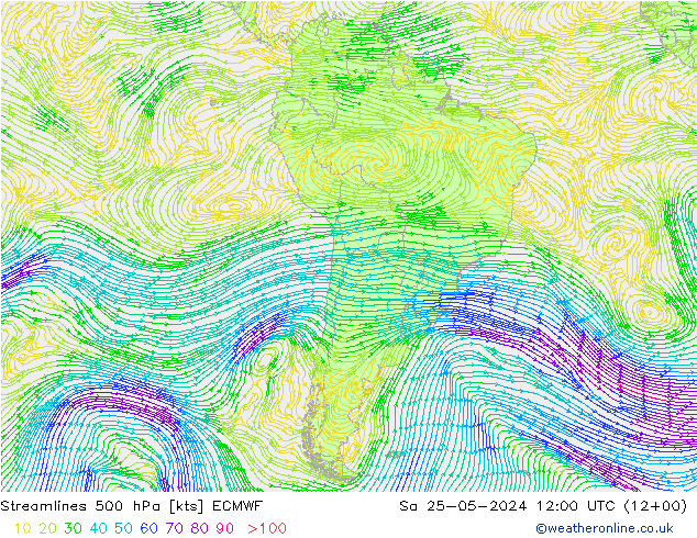 Linia prądu 500 hPa ECMWF so. 25.05.2024 12 UTC