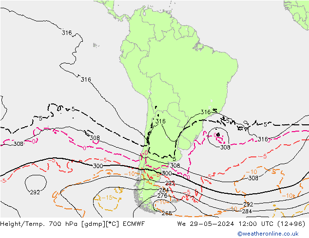 Height/Temp. 700 hPa ECMWF śro. 29.05.2024 12 UTC