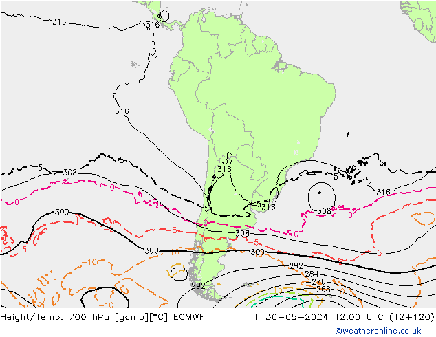 Height/Temp. 700 гПа ECMWF чт 30.05.2024 12 UTC