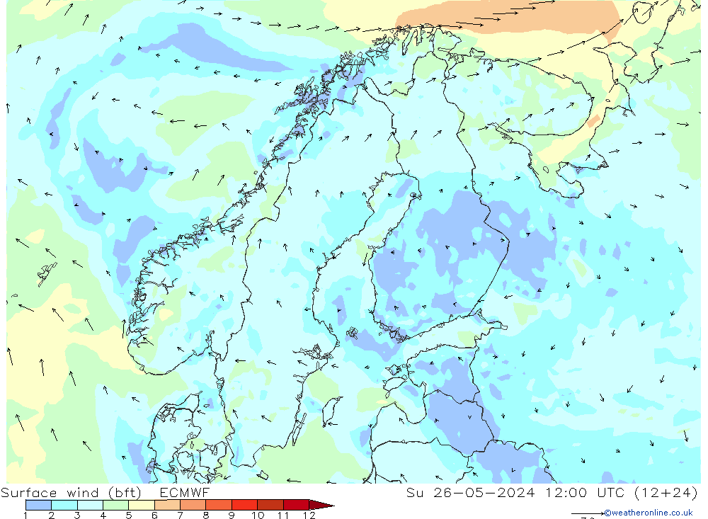 Vento 10 m (bft) ECMWF dom 26.05.2024 12 UTC