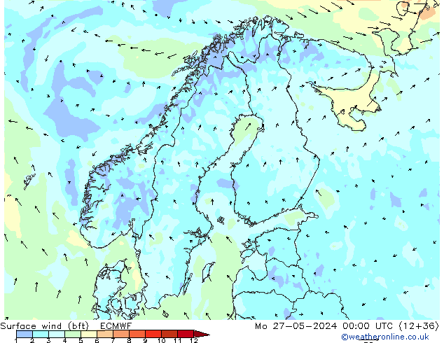 Rüzgar 10 m (bft) ECMWF Pzt 27.05.2024 00 UTC