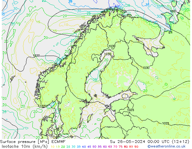 Isotachs (kph) ECMWF dim 26.05.2024 00 UTC