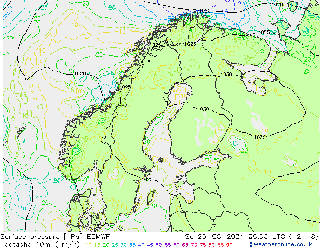 Isotachs (kph) ECMWF Dom 26.05.2024 06 UTC