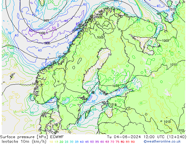 Isotachen (km/h) ECMWF Di 04.06.2024 12 UTC