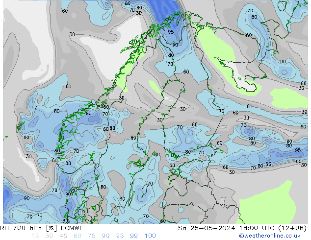 RH 700 hPa ECMWF sab 25.05.2024 18 UTC