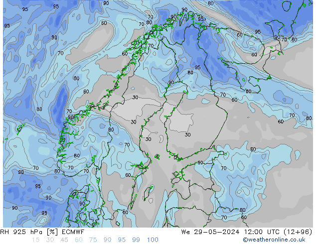 RH 925 hPa ECMWF We 29.05.2024 12 UTC