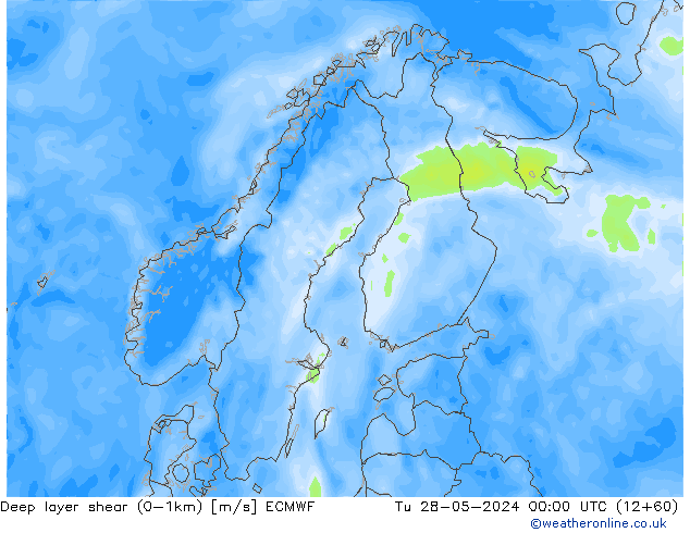 Deep layer shear (0-1km) ECMWF Tu 28.05.2024 00 UTC