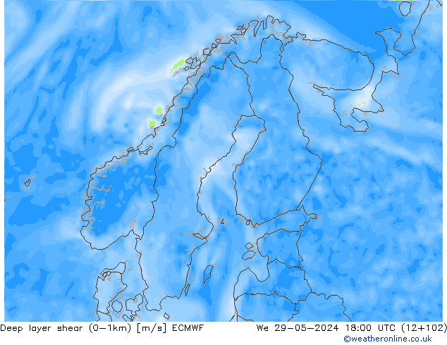 Deep layer shear (0-1km) ECMWF We 29.05.2024 18 UTC