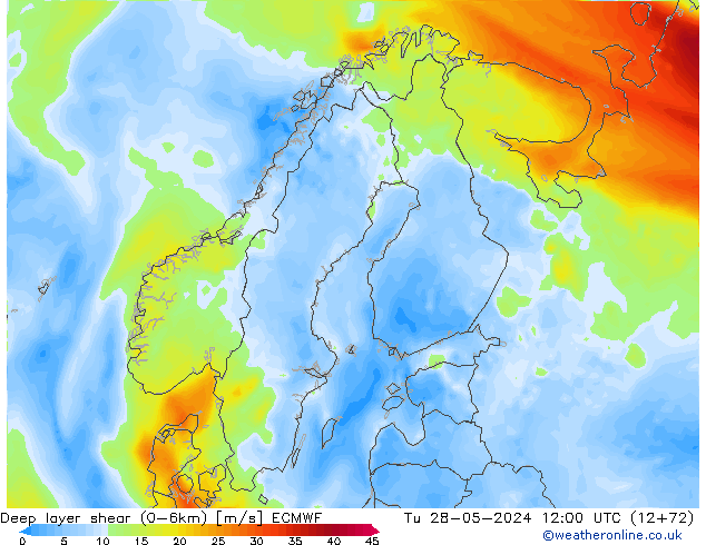 Deep layer shear (0-6km) ECMWF mar 28.05.2024 12 UTC