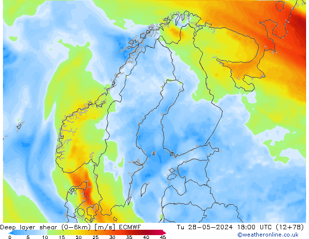 Deep layer shear (0-6km) ECMWF  28.05.2024 18 UTC