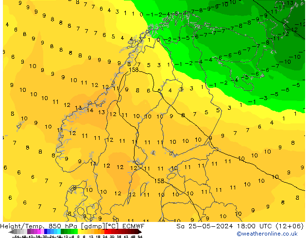 Hoogte/Temp. 850 hPa ECMWF za 25.05.2024 18 UTC