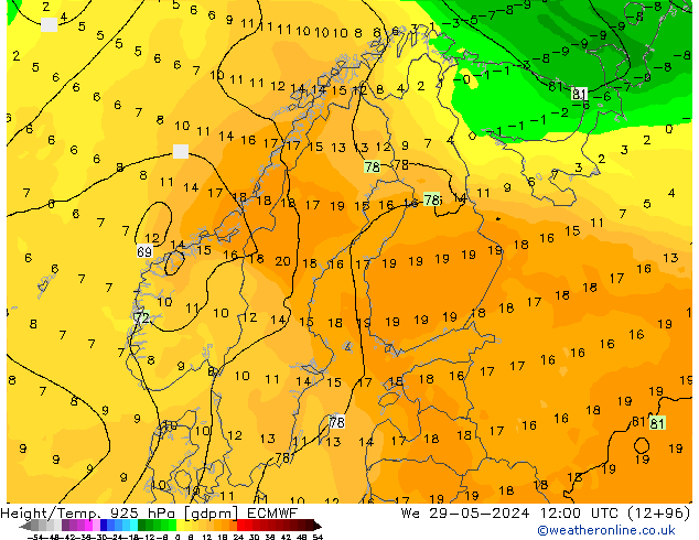 Height/Temp. 925 hPa ECMWF We 29.05.2024 12 UTC