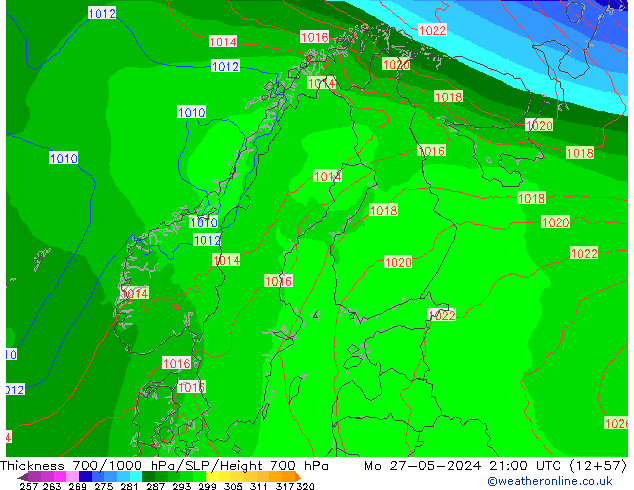 Espesor 700-1000 hPa ECMWF lun 27.05.2024 21 UTC