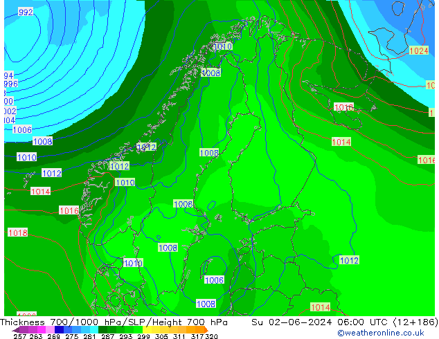 Schichtdicke 700-1000 hPa ECMWF So 02.06.2024 06 UTC