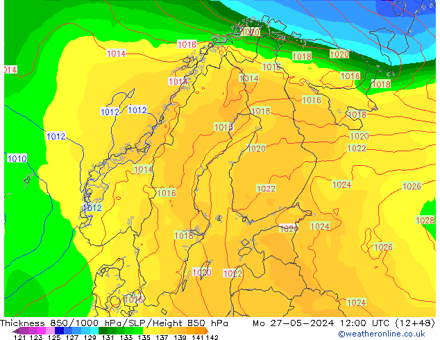 Dikte 850-1000 hPa ECMWF ma 27.05.2024 12 UTC