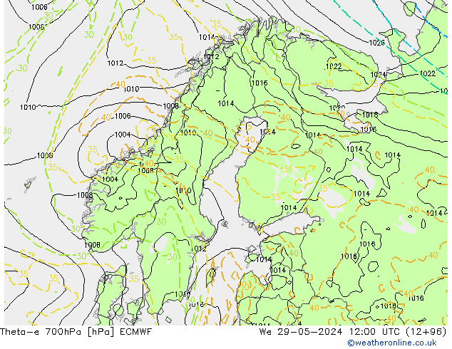 Theta-e 700hPa ECMWF St 29.05.2024 12 UTC