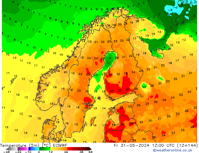 Temperatuurkaart (2m) ECMWF vr 31.05.2024 12 UTC