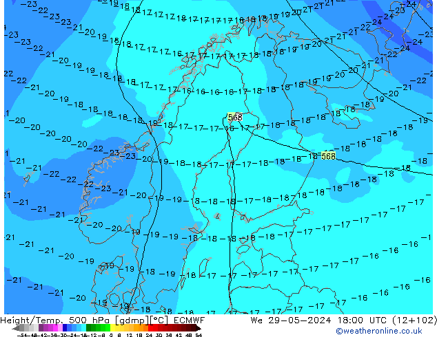 Z500/Rain (+SLP)/Z850 ECMWF mié 29.05.2024 18 UTC