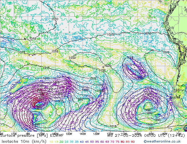 Isotachs (kph) ECMWF Mo 27.05.2024 06 UTC