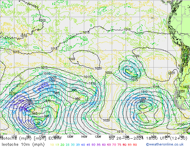 Isotachen (mph) ECMWF So 26.05.2024 18 UTC