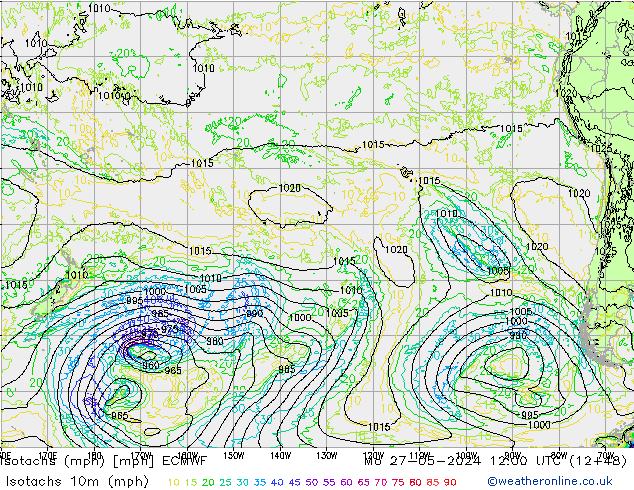 Isotachs (mph) ECMWF Mo 27.05.2024 12 UTC