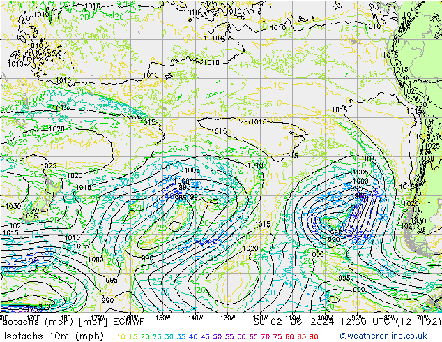 Isotachs (mph) ECMWF Вс 02.06.2024 12 UTC